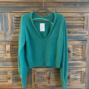 New free people teal V-neck boucle sweater XS 2-4